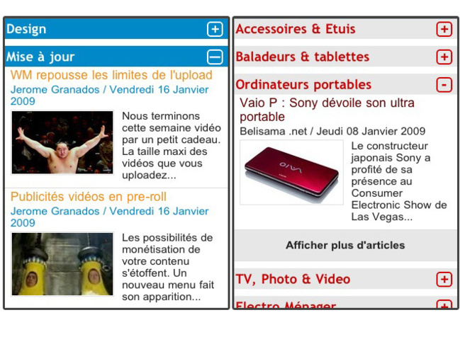 Rubriques à la Une en mode accordéon sur version iPhone Rubriques à la Une en mode accordéon sur version iPhone