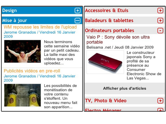 Rubriques à la Une en mode accordéon sur version iPhone