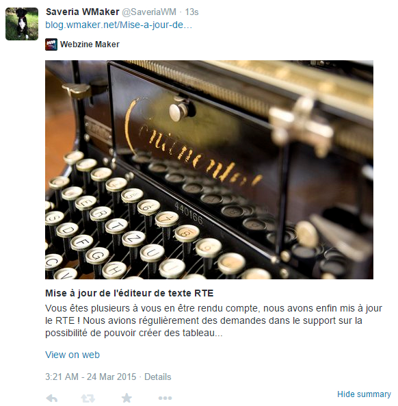 Twitter Card disponibles sur les WebTV